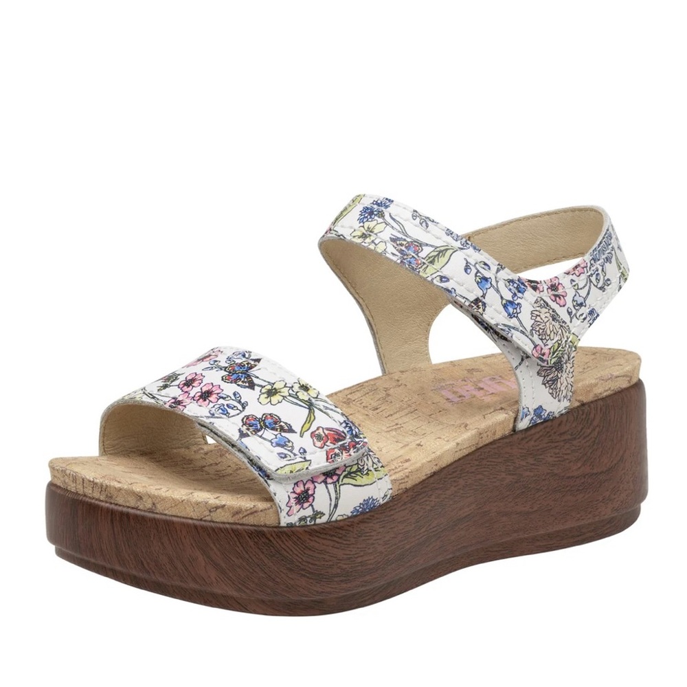 Alegria White  Open Toe Wood Look Platform Sandals